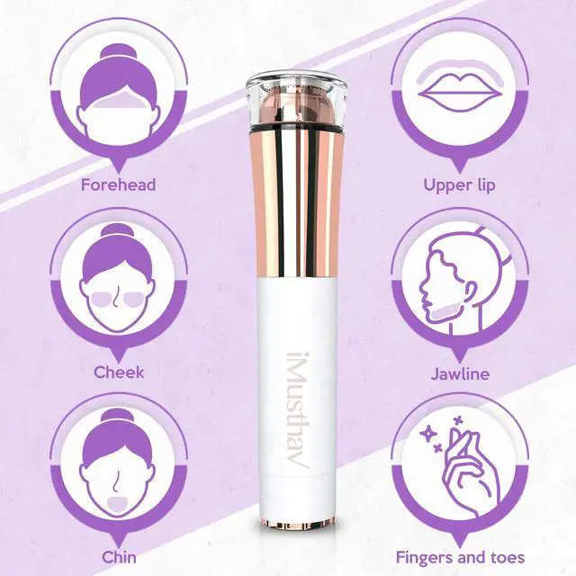 Alt view image 6 of 7 - iMusthav Mini Portable Facial Hair, Lips and Chin Remover Trimmer for Women, Facial Painless Epilator Pen, 18K Gold-Plated 13mm Hypoallergenic Rotary Head. 360° LED Light for Instant and Painless Hair
