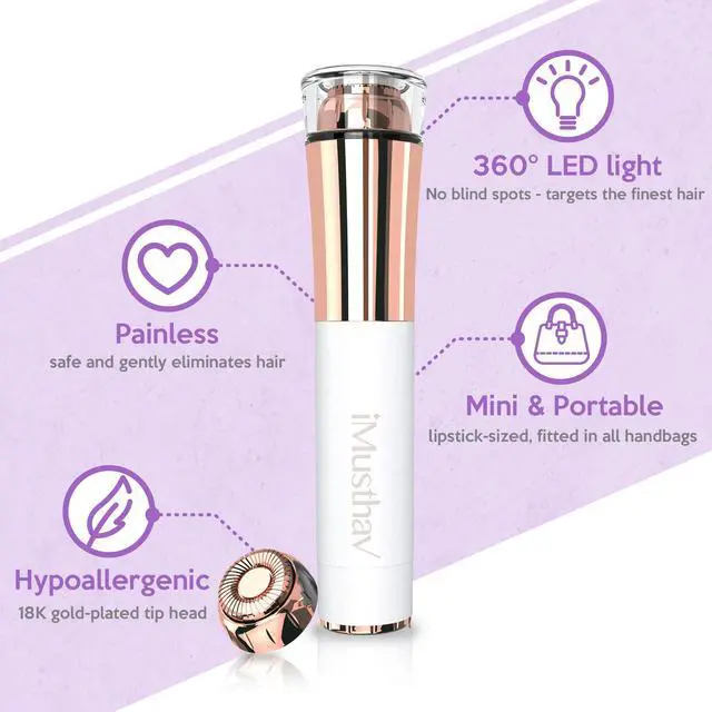 Alt view image 2 of 7 - iMusthav Mini Portable Facial Hair, Lips and Chin Remover Trimmer for Women, Facial Painless Epilator Pen, 18K Gold-Plated 13mm Hypoallergenic Rotary Head. 360° LED Light for Instant and Painless Hair