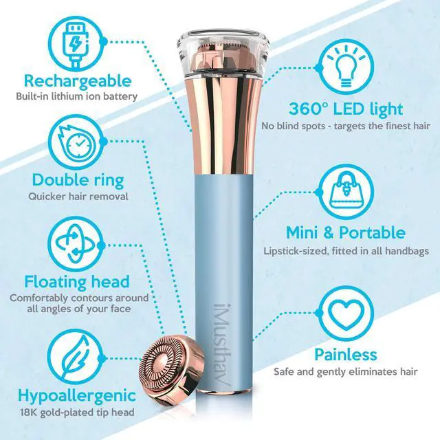 Alt view image 2 of 7 - iMusthav Mini Portable Facial Hair, Lips and Chin Remover Trimmer for Women, Facial Painless Epilator, 18K gold-plated, hypoallergenic rotary head.360° LED light for Instant and Painless Hair Remover