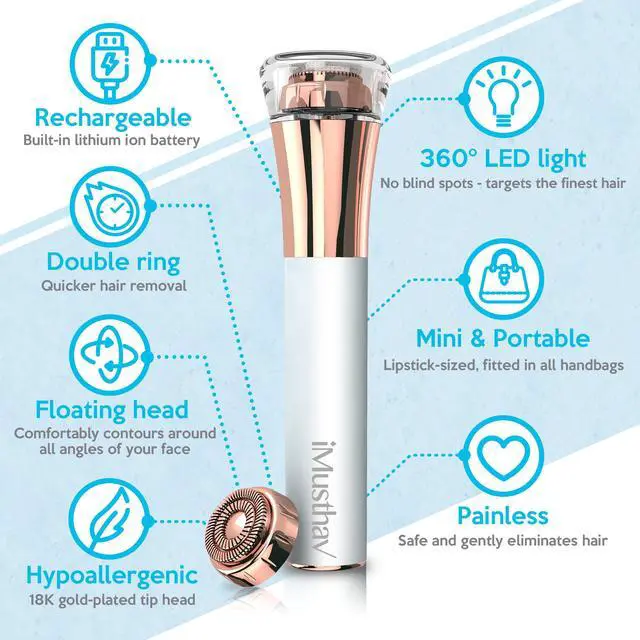 Alt view image 2 of 7 - iMusthav Mini Portable Facial Hair, Lips and Chin Remover Trimmer for Women, Facial Painless Epilator, 18K gold-plated, hypoallergenic rotary head.360° LED light for Instant and Painless Hair Remover