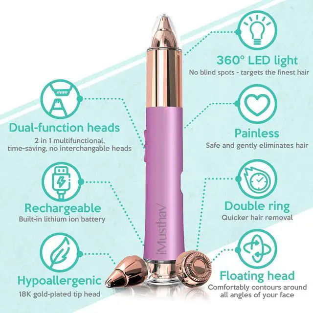 Alt view image 2 of 7 - iMusthav 2-in-1 Portable Rechargeable Painless Eyebrow Trimmer & Facial Hair Remover, removes eyebrow, face, lips and body hair.18K gold plated hypoallergenic heads, 360° LED light for Hair Remover