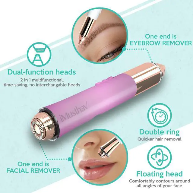 Alt view image 3 of 7 - iMusthav 2-in-1 Portable Rechargeable Painless Eyebrow Trimmer & Facial Hair Remover, removes eyebrow, face, lips and body hair.18K gold plated hypoallergenic heads, 360° LED light for Hair Remover