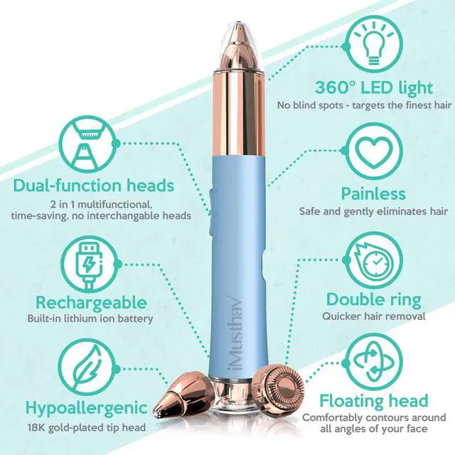 Alt view image 2 of 7 - iMusthav 2-in-1 Portable Rechargeable Painless Eyebrow Trimmer & Facial Hair Remover, removes eyebrow, face, lips and body hair.18K gold plated hypoallergenic heads, 360° LED light for Hair Remover