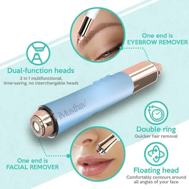 Alt view image 3 of 7 - iMusthav 2-in-1 Portable Rechargeable Painless Eyebrow Trimmer & Facial Hair Remover, removes eyebrow, face, lips and body hair.18K gold plated hypoallergenic heads, 360° LED light for Hair Remover