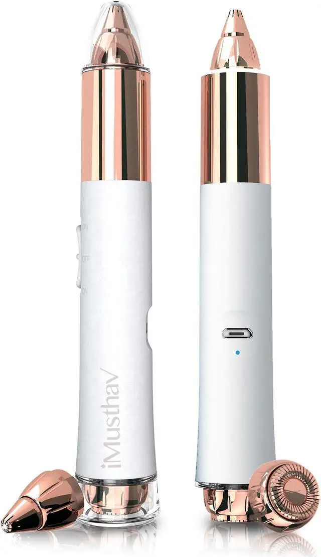 Main image of iMusthav 2-in-1 Portable Rechargeable Painless Eyebrow Trimmer & Facial Hair Remover, removes eyebrow, face, lips and body hair.18K gold plated hypoallergenic heads, 360° LED light for Hair Remover