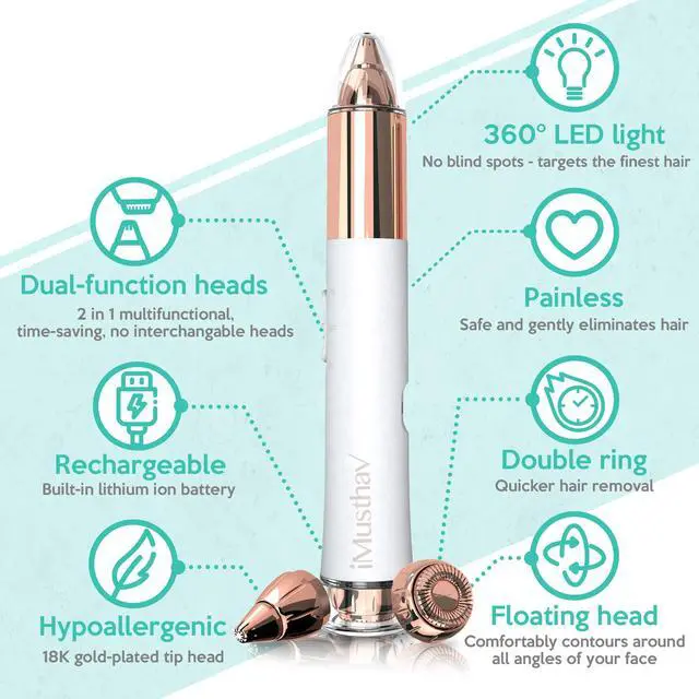 Alt view image 2 of 7 - iMusthav 2-in-1 Portable Rechargeable Painless Eyebrow Trimmer & Facial Hair Remover, removes eyebrow, face, lips and body hair.18K gold plated hypoallergenic heads, 360° LED light for Hair Remover