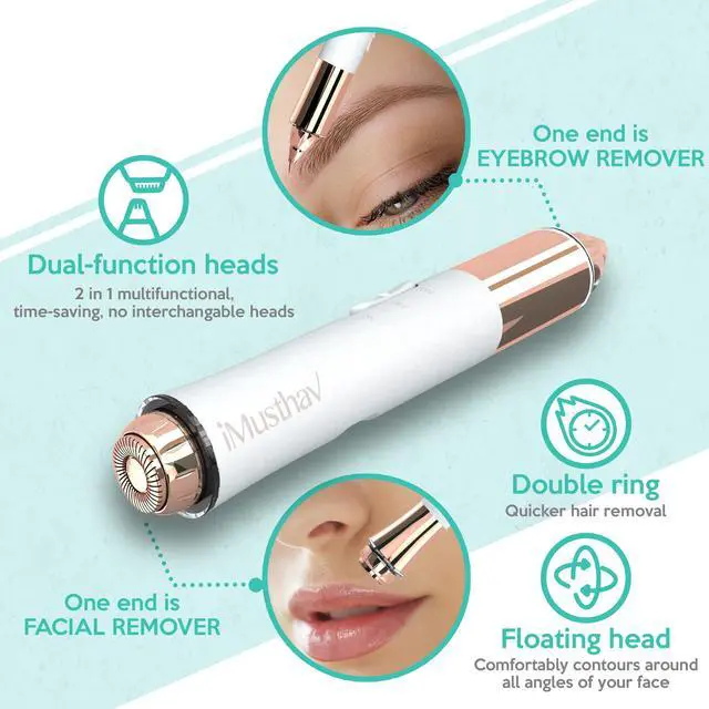 Alt view image 3 of 7 - iMusthav 2-in-1 Portable Rechargeable Painless Eyebrow Trimmer & Facial Hair Remover, removes eyebrow, face, lips and body hair.18K gold plated hypoallergenic heads, 360° LED light for Hair Remover