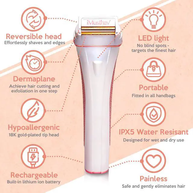 Alt view image 2 of 7 - iMusthav DermaRazor Rechargeable Body Hair Remover,Bikini Trimmer for women.Removes unwanted hair stubble & pubic hair.Trim in one go perfectly silky smooth skin. 18K Gold plated hypoallergic blades