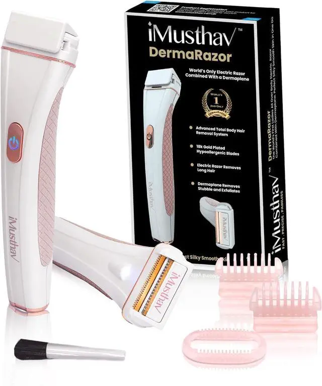 Main image of iMusthav DermaRazor Rechargeable Body Hair Remover,Bikini Trimmer for women.Removes unwanted hair stubble & pubic hair.Trim in one go perfectly silky smooth skin. 18K Gold plated hypoallergic blades