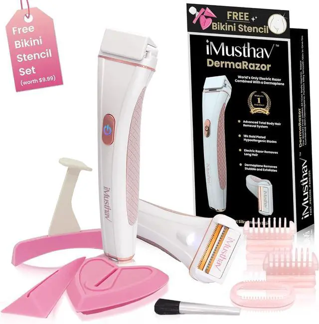 Main image of iMusthav DermaRazor Rechargeable Body Hair Remover,Bikini Trimmer for women.Removes unwanted hair stubble & pubic hair.Trim in one go perfectly silky smooth skin. 18K Gold plated hypoallergic blades