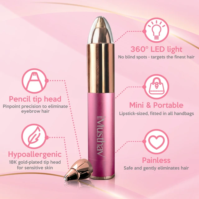 Alt view image 3 of 7 - iMusthav Mini Portable Painless Eyebrow Remover Trimmer for Women, Eyebrow Razor Epilator Pen,18K Gold-Plated Hypoallergenic Precision Pencil-tip. 360° LED Light for Instant and Painless Hair Remover.