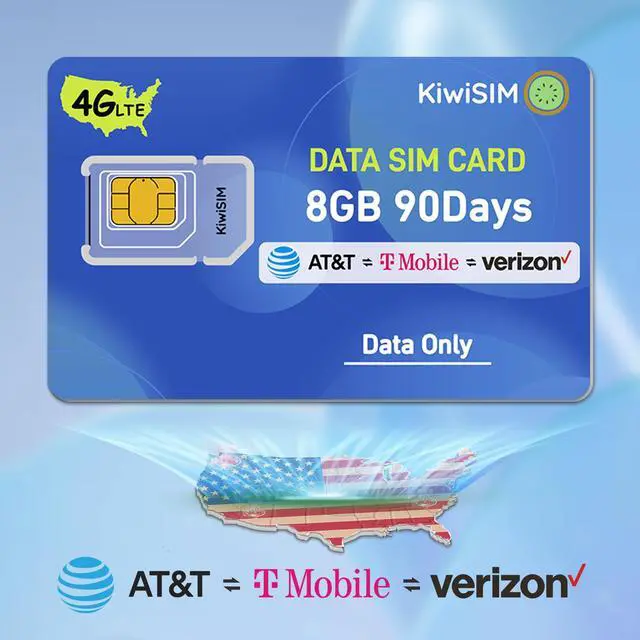 Main image of KIWISIM Travel/Business Study Abroad Multi-Device Links US Prepaid Traffic Card 90 Days 8GB Free Traffic AT&T/T-Mobile/Verizon Universal Supports 4G Cell Phones, GPS Trackers, Cameras, LoTs and more!