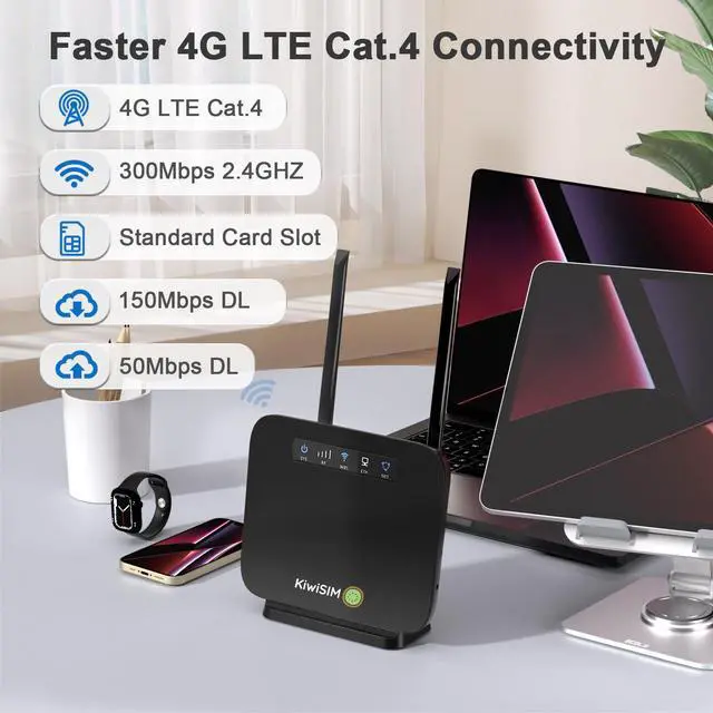 Main image of KIWISIMPrepaid 4G LTE router: SIM card, portable modem, CAT4, 300Mbps, supports AT&T & T-Mobile, 3000mAh battery, 1GB data, compact & portable.