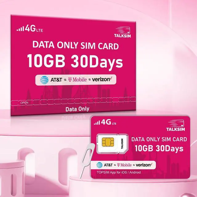 Main image of TALKSIM Pink Data-Only SIM Card - 10GB High-Speed Data, 30 Days, Works in 50+ Countries, AT&T/T-Mobile/Verizon, Ideal for Travel, Study, and IoT Devices