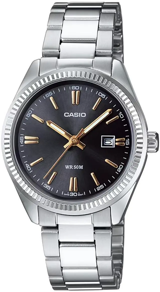 Main image of Casio Womens Black Dial Stainless Steel Date Bracelet Watch - LTP-1302D-1A2V