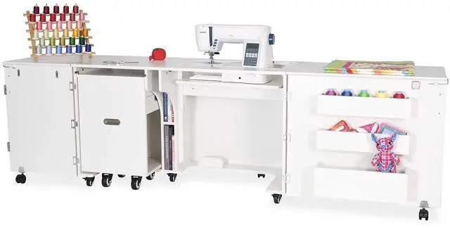 Alt view image 4 of 7 - Aussie Sewing Cabinet with 3-Position Hydraulic Lift, Rear Quilt Leaf, Pull-Out Caddy, Locking Doors and Heavy-Duty Casters - Ash White