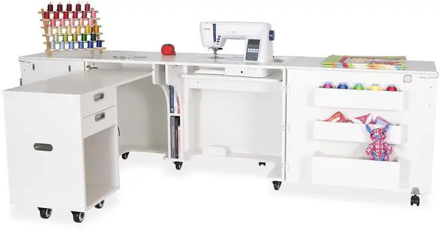 Alt view image 2 of 7 - Aussie Sewing Cabinet with 3-Position Hydraulic Lift, Rear Quilt Leaf, Pull-Out Caddy, Locking Doors and Heavy-Duty Casters - Ash White