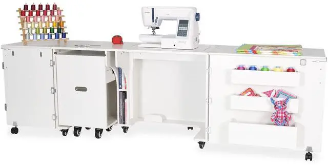 Alt view image 6 of 7 - Aussie Sewing Cabinet with 3-Position Hydraulic Lift, Rear Quilt Leaf, Pull-Out Caddy, Locking Doors and Heavy-Duty Casters - Ash White