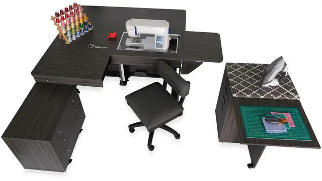 Alt view image 7 of 7 - Kangaroo and Joey Sewing Cabinet with 3-Position Hydraulic Lift, Rear Quilt Leaf, Joey Rolling Storage Caddy, Large Drawer, Heavy-Duty Casters Gray Finish