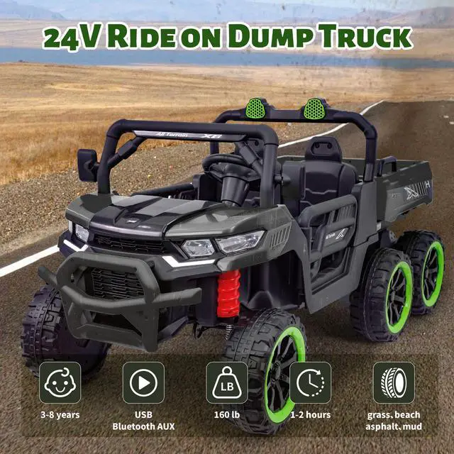 Alt view image 3 of 7 - TCARAIWEN Kids 2 Seater Ride on Car 24V Electric Dump Truck 4WD Off-road UTV with Low & High Speeds Remote Control Bluetooth Music LED Lights