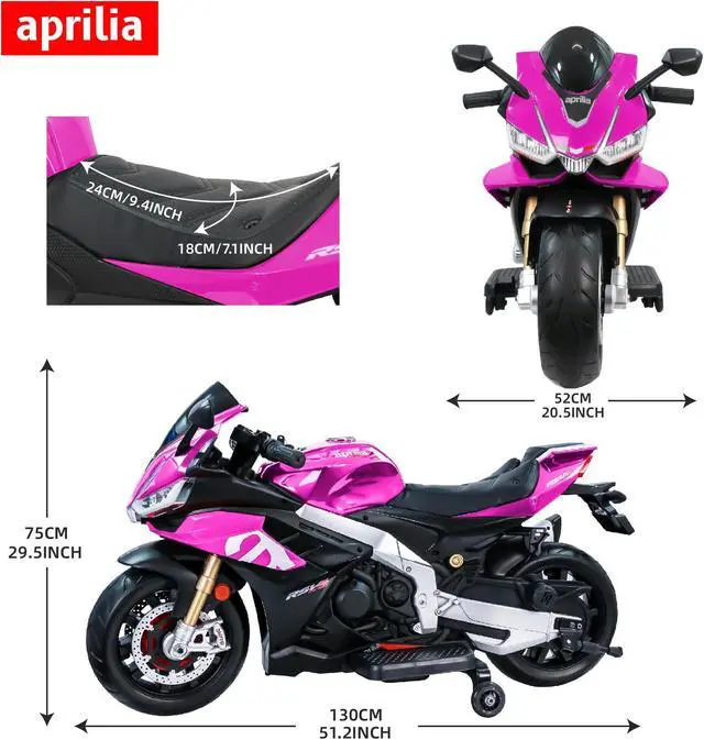 Alt view image 7 of 7 - TCARAIWEN Aprilia Licensed 24V Kids Electric Motorcycle 6mph Dirt Bike Ride on Motorbike LED Lights Bluetooth Music Pink