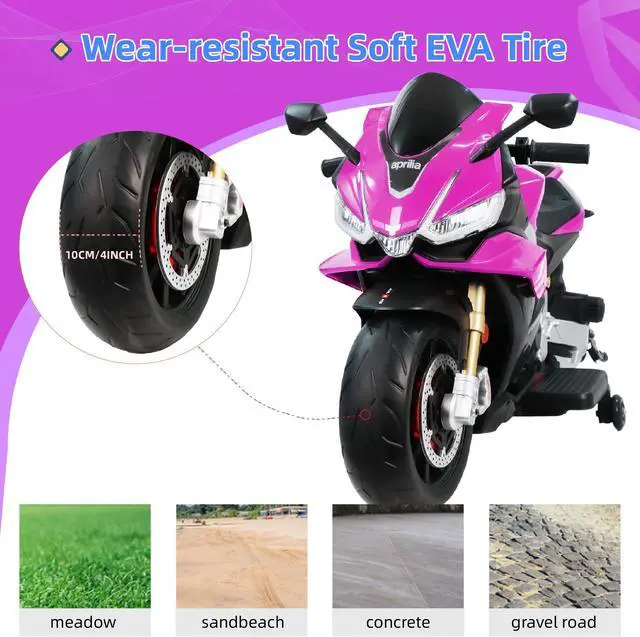 Alt view image 5 of 7 - TCARAIWEN Aprilia Licensed 24V Kids Electric Motorcycle 6mph Dirt Bike Ride on Motorbike LED Lights Bluetooth Music Pink
