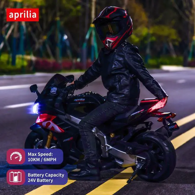 Alt view image 4 of 6 - TCARAIWEN Aprilia Licensed 24V Kids Electric Motorcycle 6mph Dirt Bike Ride on Motorbike LED Lights Bluetooth Music Blue