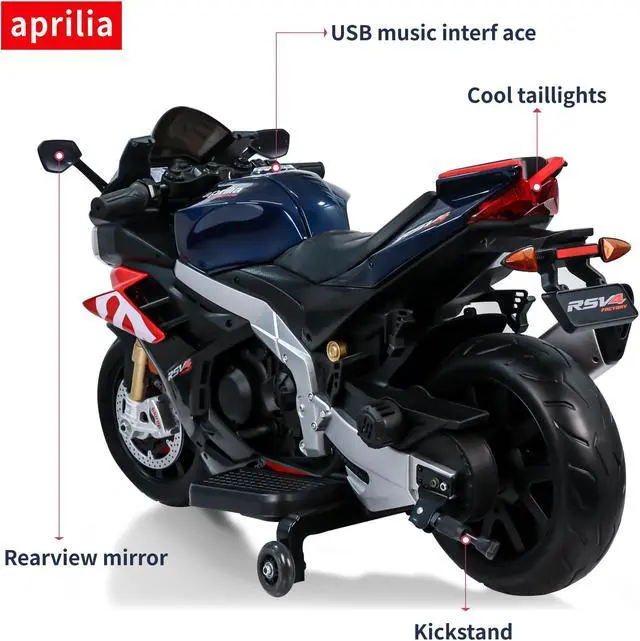 Alt view image 2 of 6 - TCARAIWEN Aprilia Licensed 24V Kids Electric Motorcycle 6mph Dirt Bike Ride on Motorbike LED Lights Bluetooth Music Blue