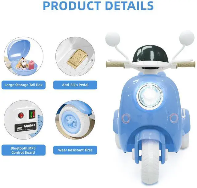 Alt view image 5 of 6 - TCARAIWEN 12V Kids Ride On Motorcycle Girl Moped Battery Electric Motorbike with Bluetooth Music LED Lights Blue