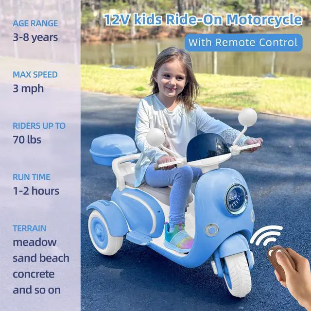Alt view image 4 of 6 - TCARAIWEN 12V Kids Ride On Motorcycle Girl Moped Battery Electric Motorbike with Bluetooth Music LED Lights Blue