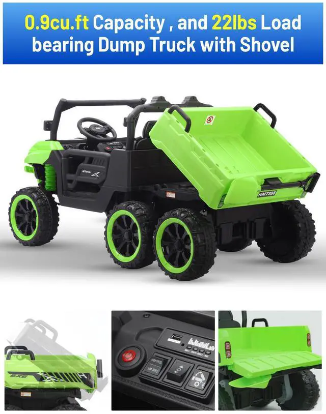 Alt view image 3 of 6 - Kids Electrick Dump Truck,24V Ride on UTV up to 7mph,6 Wheels Ride on Vehicles with Dump Bed,2.4G Remote Control and Bluetooth&Music Player,2 Seater Eletric Truck with Shovel (Green)