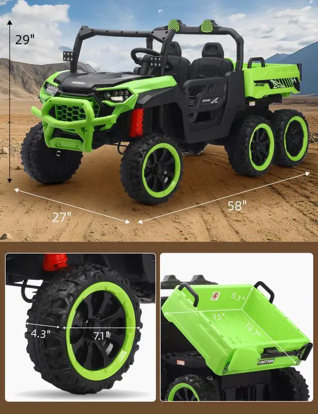 Alt view image 2 of 6 - Kids Electrick Dump Truck,24V Ride on UTV up to 7mph,6 Wheels Ride on Vehicles with Dump Bed,2.4G Remote Control and Bluetooth&Music Player,2 Seater Eletric Truck with Shovel (Green)