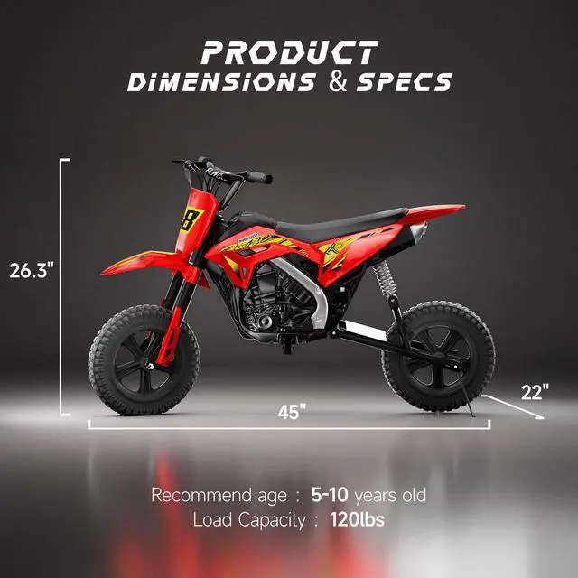 Alt view image 5 of 7 - Kids Electric Dirt Bike, 24V Ride on Motorcycle for Kids 6+, Off-Road Toy with Rear Suspension, 12" Pneumatic Tires, Drum Brake, Bluetooth Music, Max 11MPH(red, 12" Tire)