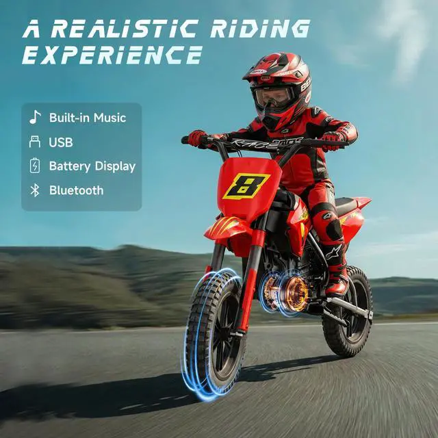Alt view image 7 of 7 - Kids Electric Dirt Bike, 24V Ride on Motorcycle for Kids 6+, Off-Road Toy with Rear Suspension, 12" Pneumatic Tires, Drum Brake, Bluetooth Music, Max 11MPH(red, 12" Tire)