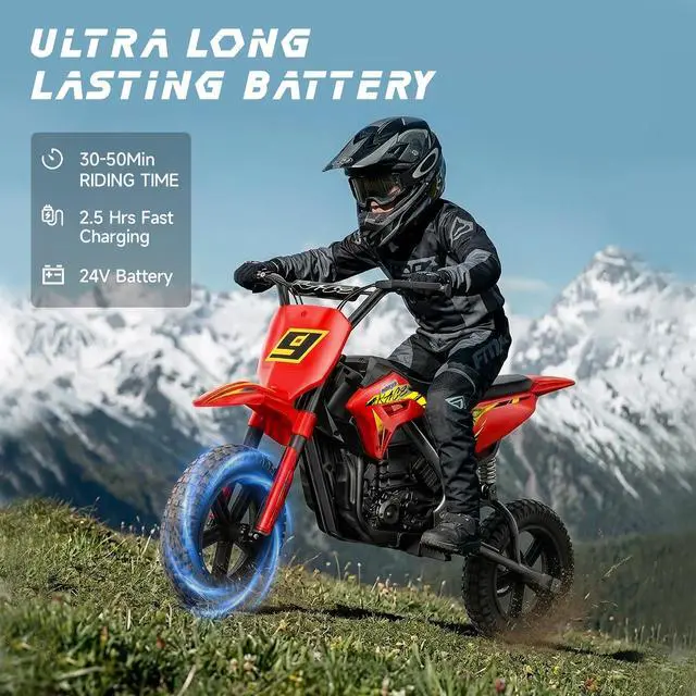 Alt view image 4 of 7 - Kids Electric Dirt Bike, 24V Ride on Motorcycle for Kids 6+, Off-Road Toy with Rear Suspension, 12" Pneumatic Tires, Drum Brake, Bluetooth Music, Max 11MPH(red, 12" Tire)
