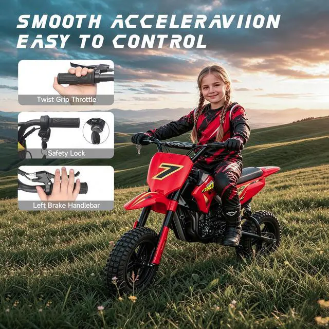 Alt view image 6 of 7 - Kids Electric Dirt Bike, 24V Ride on Motorcycle for Kids 6+, Off-Road Toy with Rear Suspension, 12" Pneumatic Tires, Drum Brake, Bluetooth Music, Max 11MPH(red, 12" Tire)