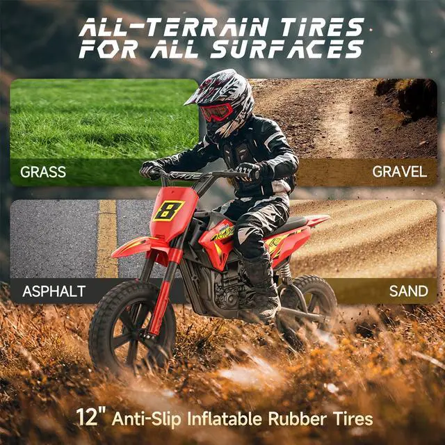 Alt view image 3 of 7 - Kids Electric Dirt Bike, 24V Ride on Motorcycle for Kids 6+, Off-Road Toy with Rear Suspension, 12" Pneumatic Tires, Drum Brake, Bluetooth Music, Max 11MPH(red, 12" Tire)