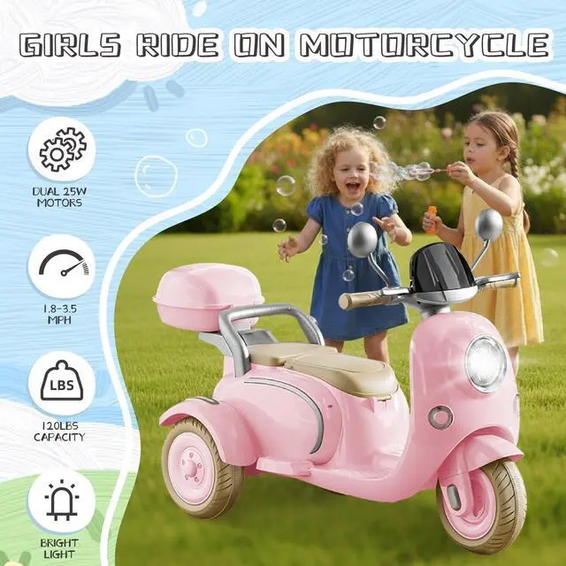 Alt view image 3 of 6 - TCARAIWEN 12V Kids Ride On Motorcycle Girl Moped Battery Electric Motorbike with Bluetooth Music LED Lights