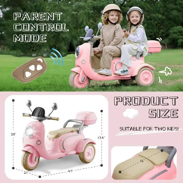 Alt view image 4 of 6 - TCARAIWEN 12V Kids Ride On Motorcycle Girl Moped Battery Electric Motorbike with Bluetooth Music LED Lights