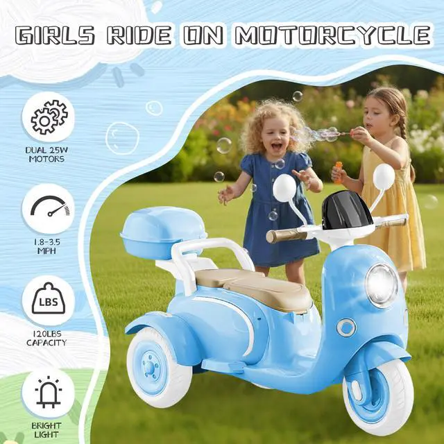 Alt view image 3 of 6 - TCARAIWEN 12V Kids Ride On Motorcycle Girl Moped Battery Electric Motorbike with Bluetooth Music LED Lights Blue