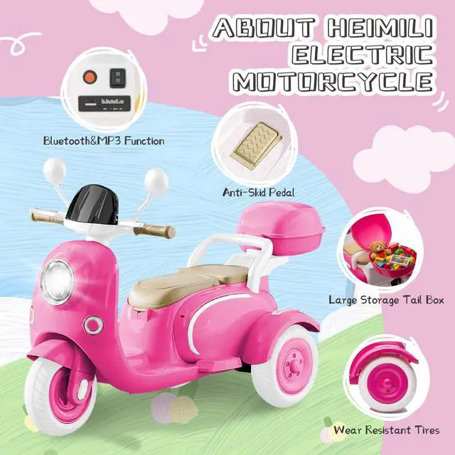 Alt view image 2 of 6 - TCARAIWEN 12V Kids Ride On Motorcycle Girl Moped Battery Electric Motorbike with Bluetooth Music LED Lights Rose Red