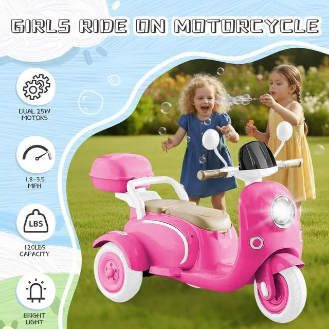 Alt view image 3 of 6 - TCARAIWEN 12V Kids Ride On Motorcycle Girl Moped Battery Electric Motorbike with Bluetooth Music LED Lights Rose Red