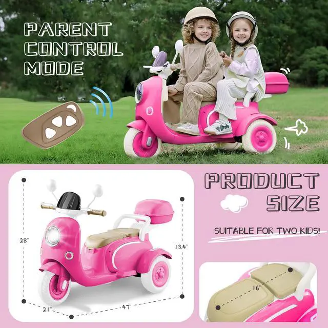 Alt view image 4 of 6 - TCARAIWEN 12V Kids Ride On Motorcycle Girl Moped Battery Electric Motorbike with Bluetooth Music LED Lights Rose Red