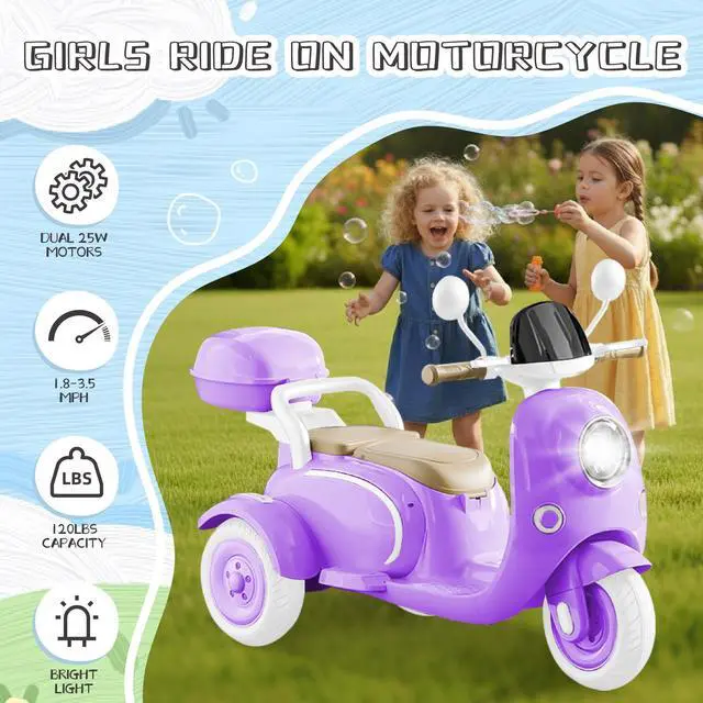 Alt view image 2 of 6 - TCARAIWEN 12V Kids Ride On Motorcycle Girl Moped Battery Electric Motorbike with Bluetooth Music LED Lights Purple