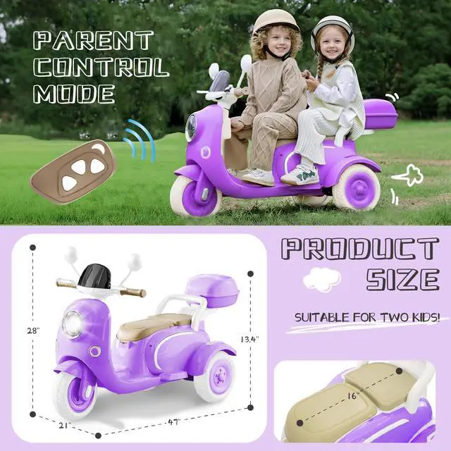 Alt view image 3 of 6 - TCARAIWEN 12V Kids Ride On Motorcycle Girl Moped Battery Electric Motorbike with Bluetooth Music LED Lights Purple