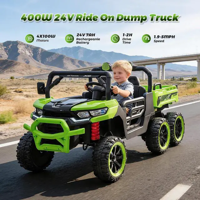 Alt view image 7 of 7 - TCARAIWEN Kids 2 Seater Ride on Car 24V Electric Dump Truck 4WD Off-road UTV with Low & High Speeds Remote Control Bluetooth Music LED Lights