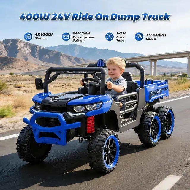 Alt view image 7 of 7 - TCARAIWEN Kids 2 Seater Ride on Car 24V Electric Dump Truck 4WD Off-road UTV with Low & High Speeds Remote Control Bluetooth Music LED Lights