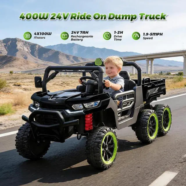 Alt view image 7 of 7 - TCARAIWEN Kids 2 Seater Ride on Car 24V Electric Dump Truck 4WD Off-road UTV with Low & High Speeds Remote Control Bluetooth Music LED Lights