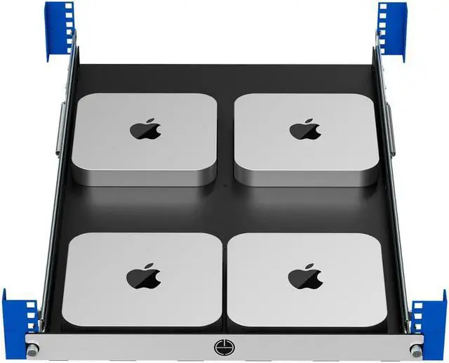 Main image of RackSolutions 1U Mini Rack Access Tool-Less Shelf for Four Apple Mac Mini with USB  Front Ports, Airflow Ducting, Compatible with 2010-2023 Mac Mini, Fits 2-Post & 4-Post Racks