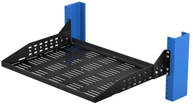 Main image of RackSolutions 2U 2Post Adjustable Center Mount Shelf 13in Depth  150 lbs Capacity, Adjustable Flanges, Vented, Fits Standard 2Post Racks